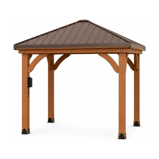 Backyard Discovery 10x10 Barrington cedar gazebo with a galvanized steel hip roof set on a backyard patio