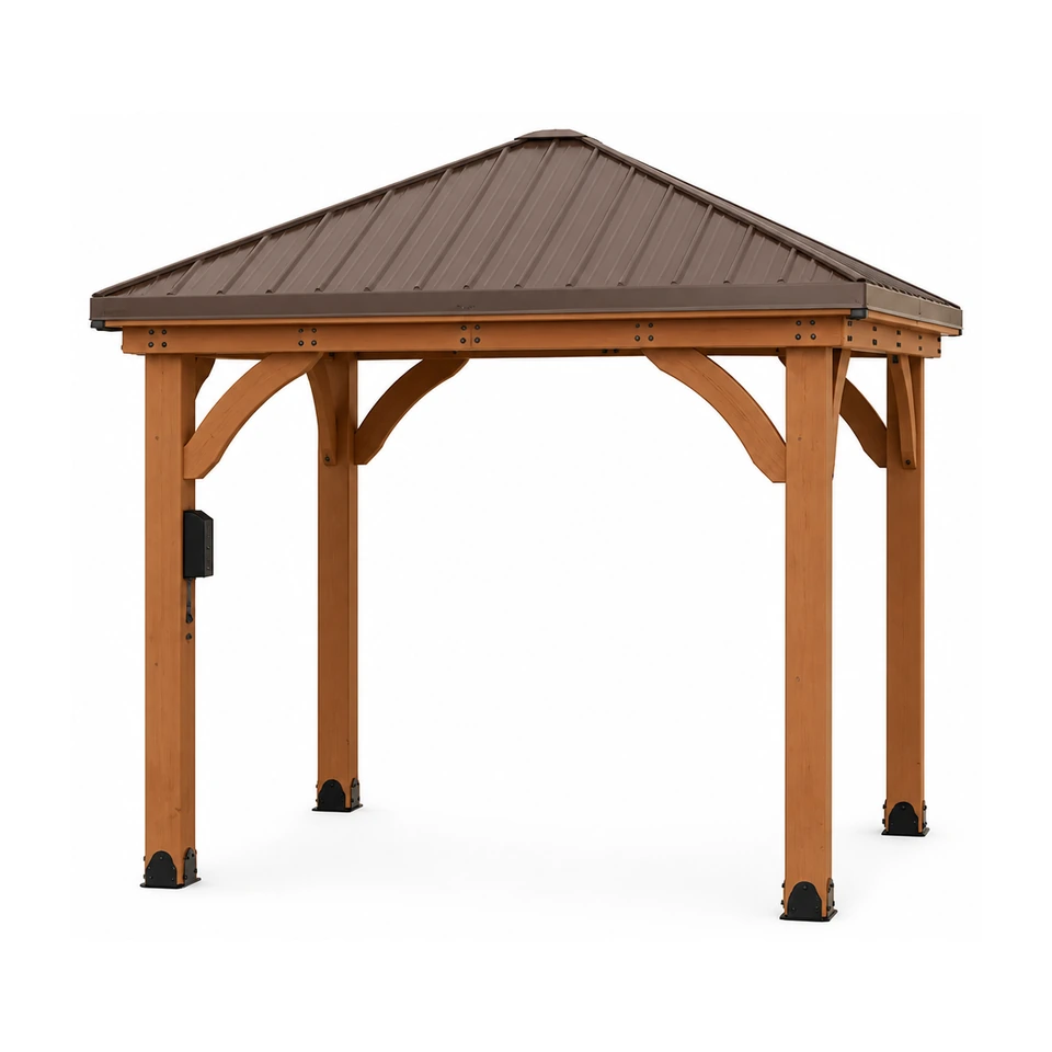 Backyard Discovery 10x10 Barrington cedar gazebo with a galvanized steel hip roof set on a backyard patio