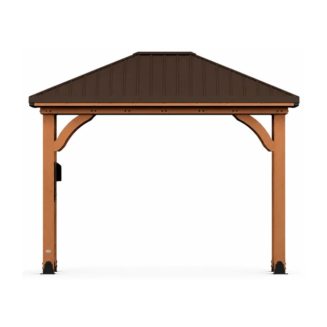 Backyard Discovery 12x10 Barrington cedar gazebo with galvanized steel roof over an outdoor dining set