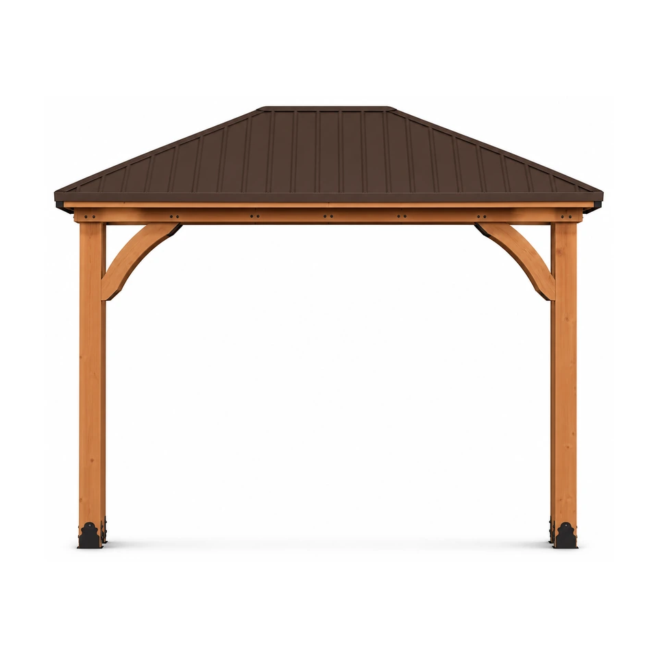 Backyard Discovery 14x10 Barrington cedar gazebo with galvanized steel roof covering a patio dining and lounge area