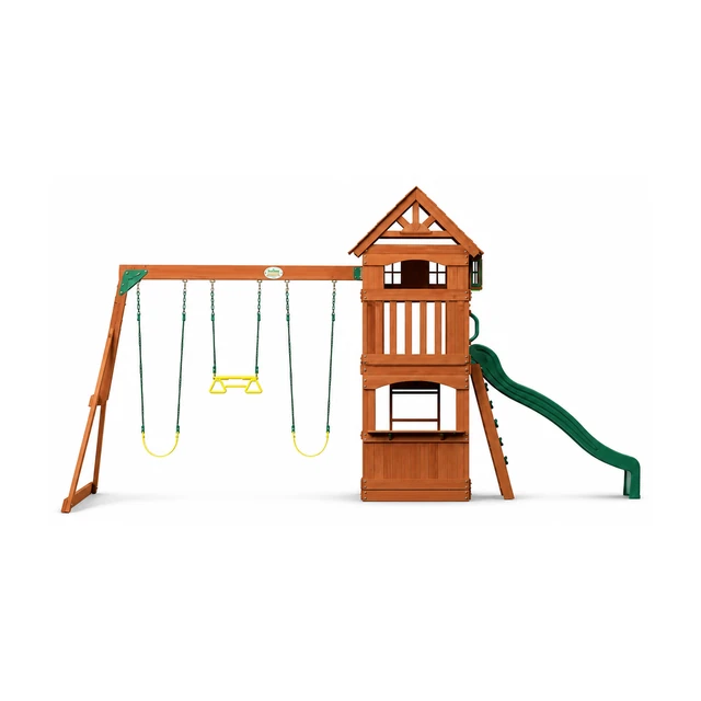 Backyard Discovery Atlantis outdoor swing set installed on a green backyard lawn