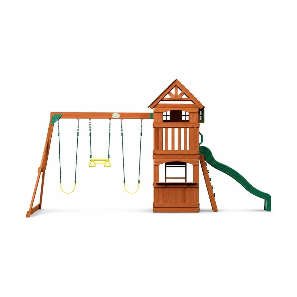 Backyard Discovery Atlantis outdoor swing set installed on a green backyard lawn