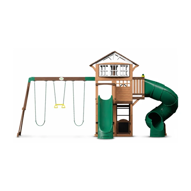 Backyard Discovery Bristol Point outdoor swing set standing on grass in a family backyard