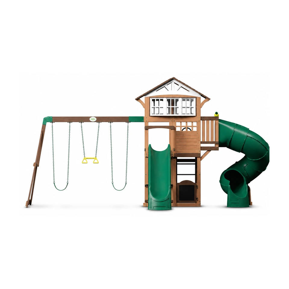 Backyard Discovery Bristol Point outdoor swing set standing on grass in a family backyard