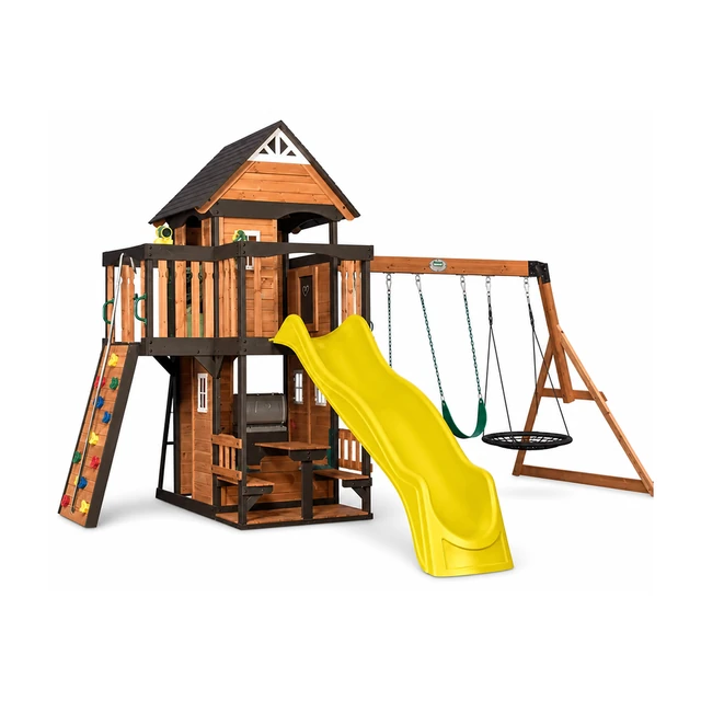 Backyard Discovery Canyon Creek outdoor swing set assembled in a suburban backyard