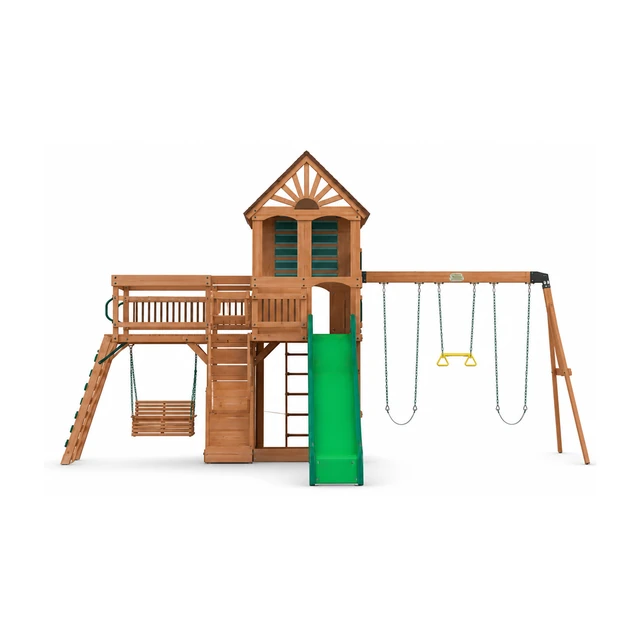Backyard Discovery Caribbean outdoor swing set installed on a spacious backyard lawn