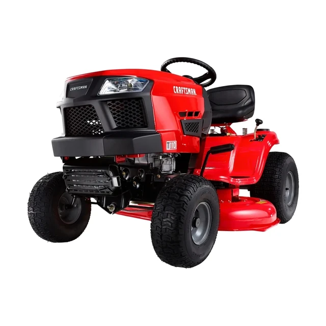 Side view of a Craftsman T110 riding lawn mower, factory build 13AN77XS093, with a 42 inch cutting deck