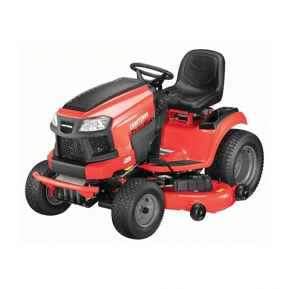 Craftsman T310 riding lawn mower with a 54 inch cutting deck, seen from the front three quarter angle