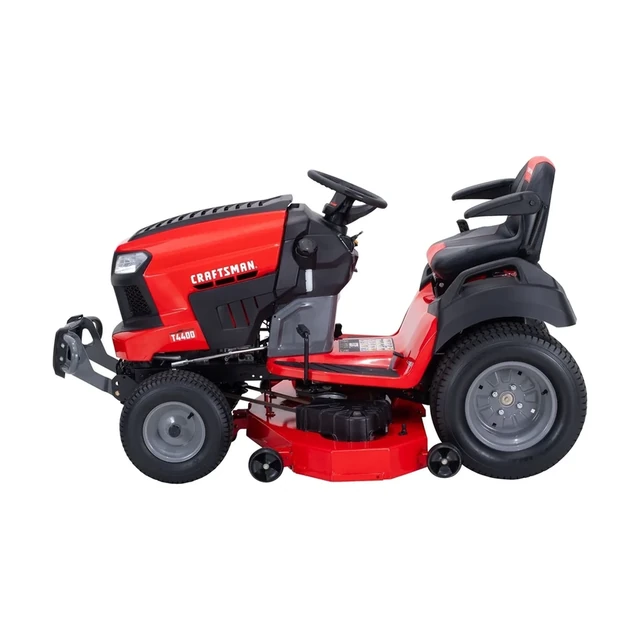 Craftsman T4400 riding lawn mower with a 54 inch fabricated cutting deck, three quarter product view