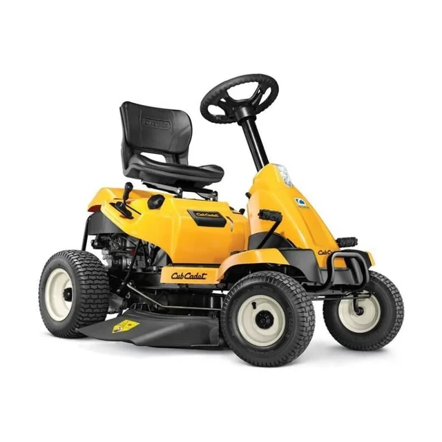 Cub Cadet CC30H compact riding lawn mower with yellow hood, black seat and 30 in cutting deck, shown from the front three quarter angle.