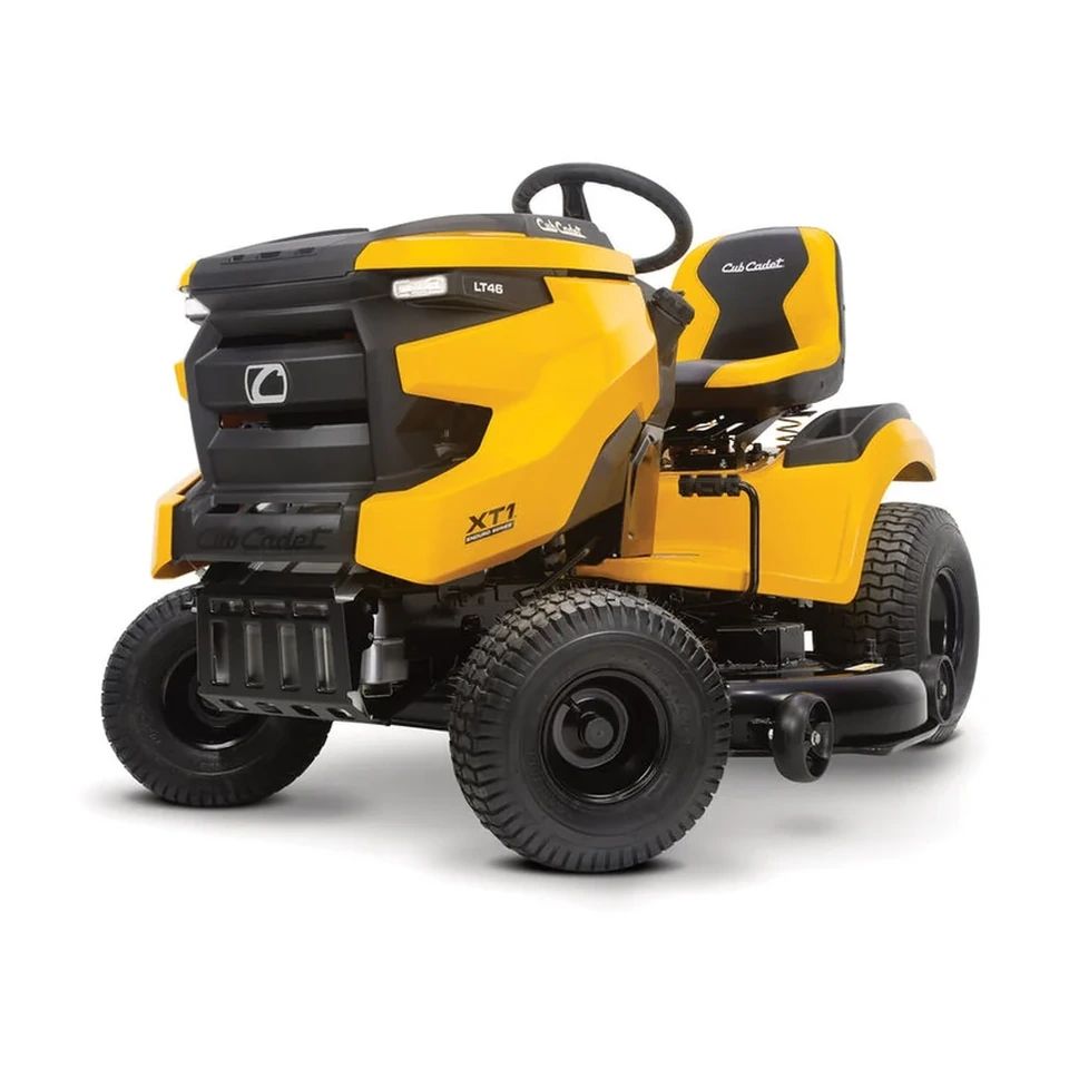 Cub Cadet XT1 Enduro LT46 riding lawn tractor with yellow hood and 46 in stamped cutting deck, photographed on a lawn.