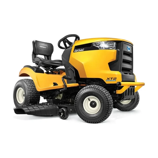 Cub Cadet LX46 lawn tractor with yellow hood, high back seat and 46 in cutting deck, shown from the side on grass.