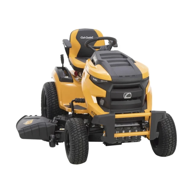Cub Cadet SLX50 riding lawn tractor with yellow hood and 50 in AeroForce fabricated deck, viewed from the front three quarter angle.