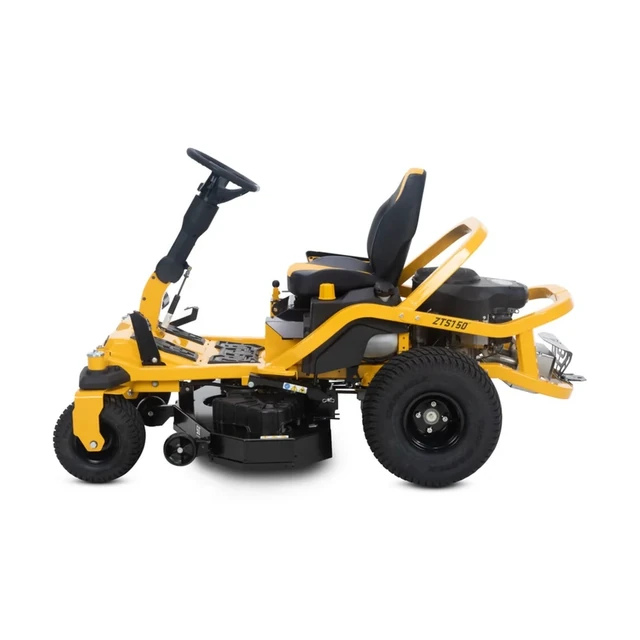 Cub Cadet Ultima ZTS1 zero-turn mower with steering wheel control, yellow accents and 50 in cutting deck on a lawn.