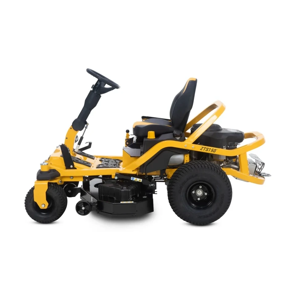 Cub Cadet Ultima ZTS1 zero-turn mower with steering wheel control, yellow accents and 50 in cutting deck on a lawn.