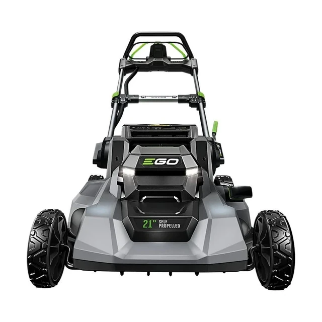 EGO LM2114SP 21 inch battery lawn mower with handlebar mounted dual toggle controls, shown with battery and charger