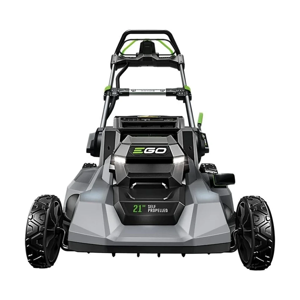 EGO LM2114SP 21 inch battery lawn mower with handlebar mounted dual toggle controls, shown with battery and charger