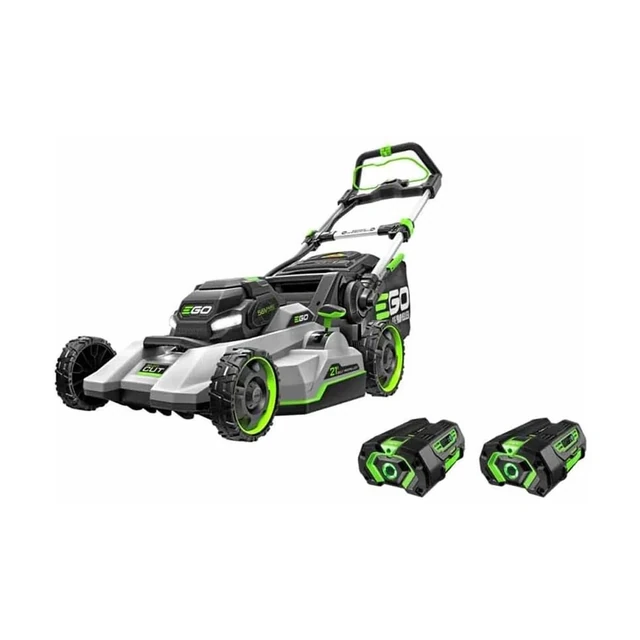 EGO LM2132SP-2 Select Cut 21 inch battery lawn mower shown with two 56 V batteries and a 550 W charger