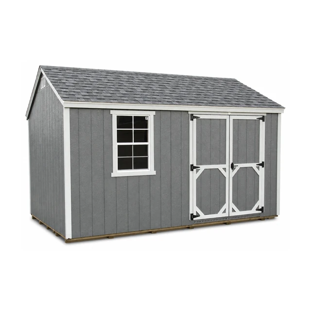 EZ-Fit Craftsman style storage shed standing on a backyard lawn