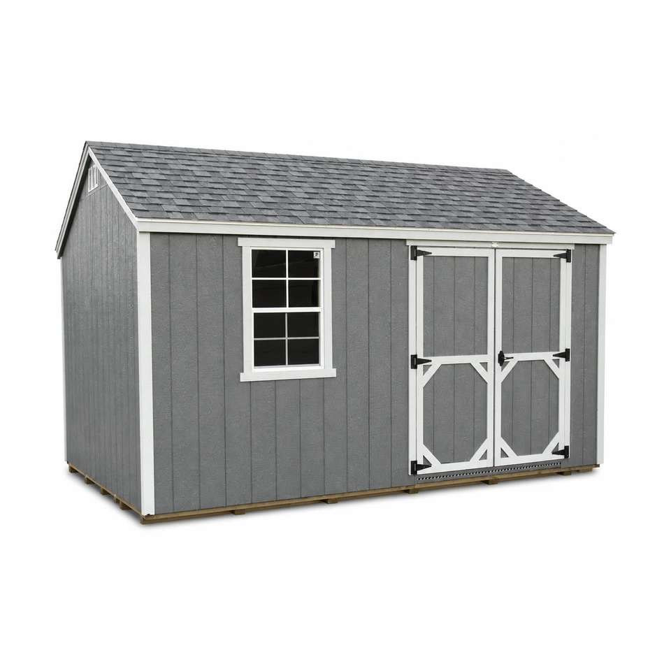 EZ-Fit Craftsman style storage shed standing on a backyard lawn
