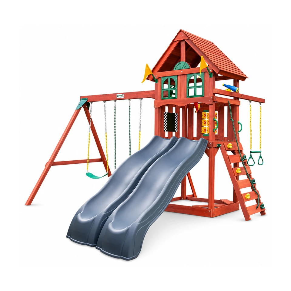 Gorilla Playsets Adventure Wave outdoor swing set assembled on a residential backyard lawn