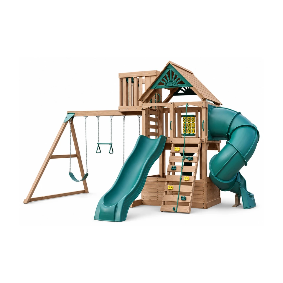 Gorilla Playsets Alpine Adventure wooden outdoor playset assembled on a residential lawn