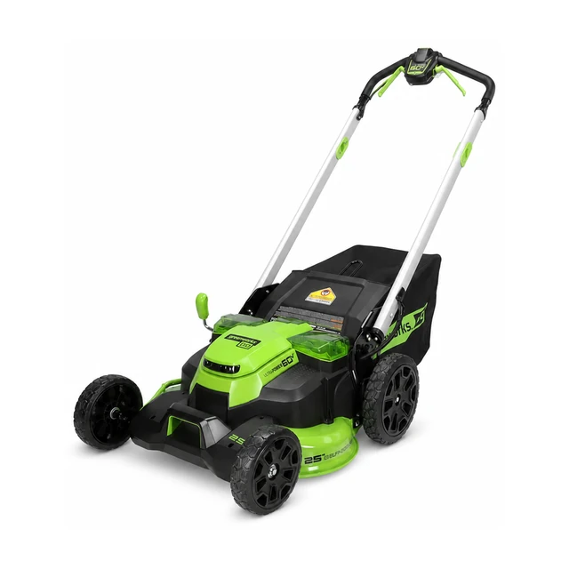 Greenworks 60V 25 inch dual blade self-propelled cordless lawn mower with two 4.0Ah batteries and a dual-port charger