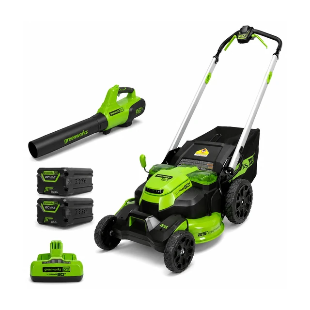 Greenworks 60V combo kit with a 25 inch self-propelled cordless mower, handheld blower, two 4.0Ah batteries and a dual-port charger