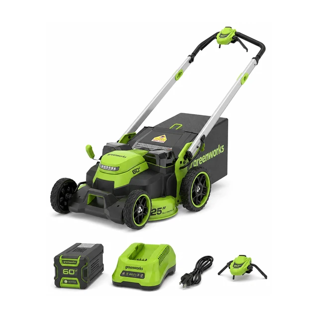 Greenworks 60V five-piece kit with a 25 inch dual blade self-propelled mower, three 4.0Ah batteries and two chargers