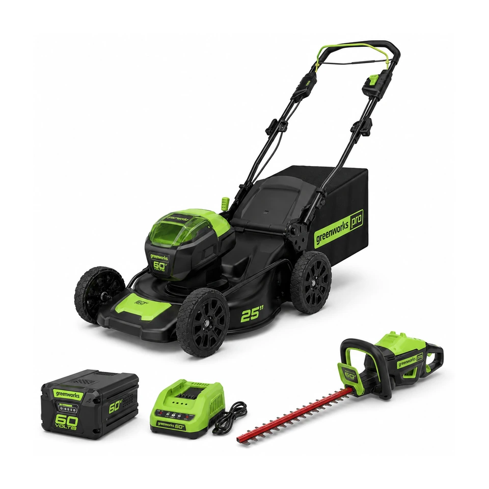 Greenworks 60V four-piece kit with a 25 inch self-propelled cordless lawn mower, two 4.0Ah batteries and a dual-port charger