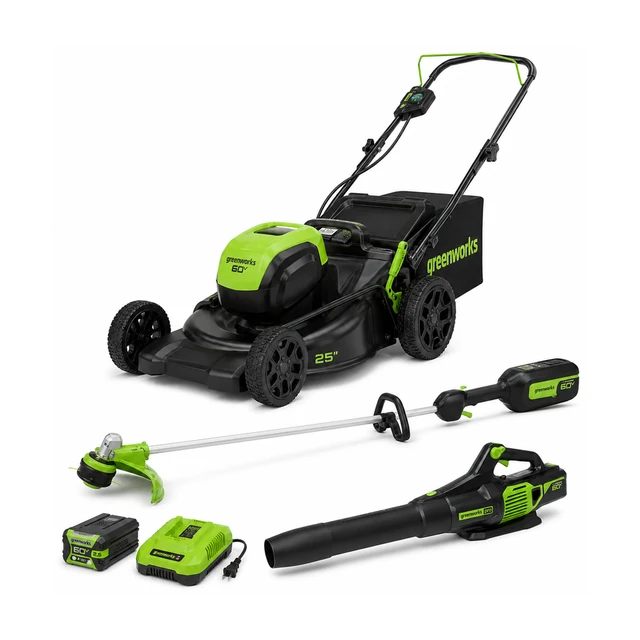 Greenworks 60V three-piece kit with a 25 inch self-propelled mower, 16 inch string trimmer and handheld blower