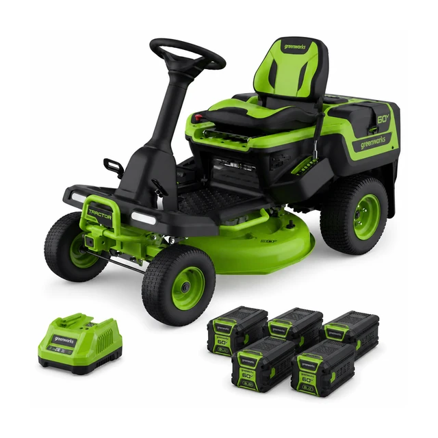 Greenworks 60V CrossoverT riding lawn tractor with rear bagger, 30 inch deck and included battery set