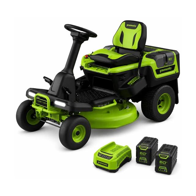 Greenworks 60V CrossoverT riding lawn tractor with a 30 inch deck, two 8.0Ah and two 4.0Ah batteries