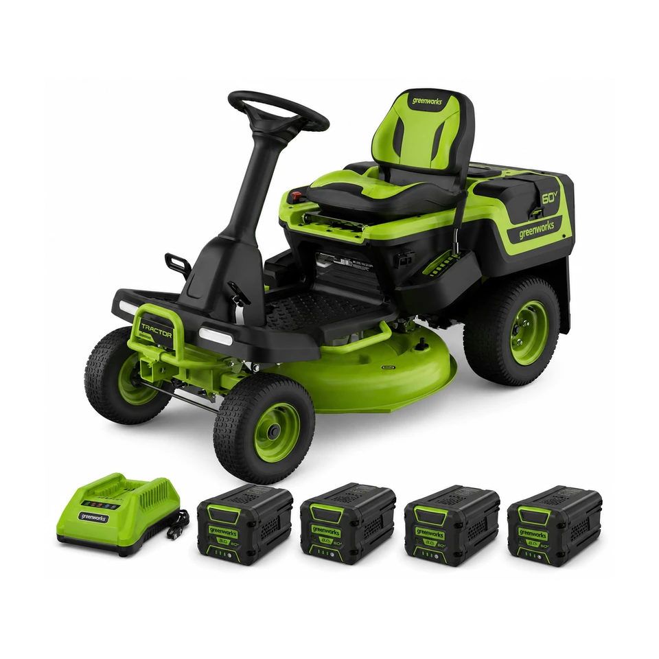 Greenworks 60V CrossoverT riding lawn tractor with a 30 inch deck, four 8.0Ah batteries and a 600 watt charger