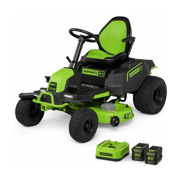 Greenworks 60V CrossoverT riding lawn mower with 42 inch deck, four 8.0Ah batteries and two dual-port turbo chargers