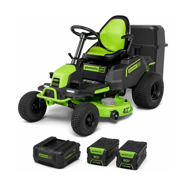 Greenworks 60V CrossoverT riding lawn mower with 42 inch deck, rear bagger, six 8.0Ah batteries and three chargers
