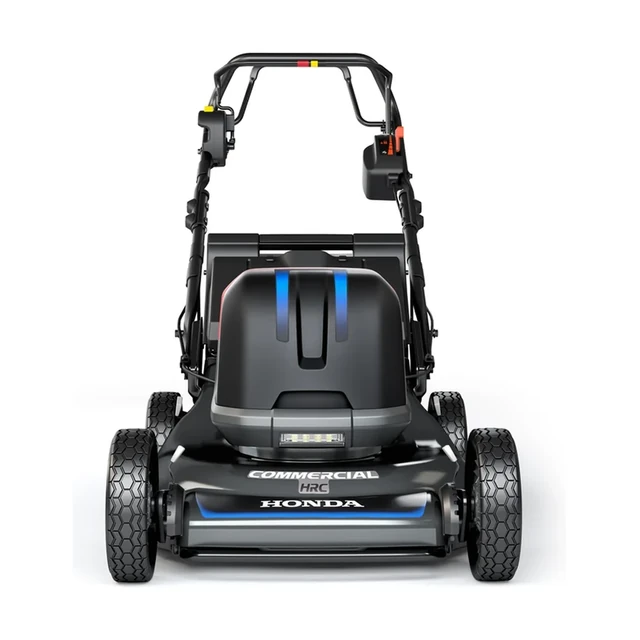 Honda HRC-BE 21 inch battery-powered self-propelled lawn mower with mounted battery pack on a lawn.