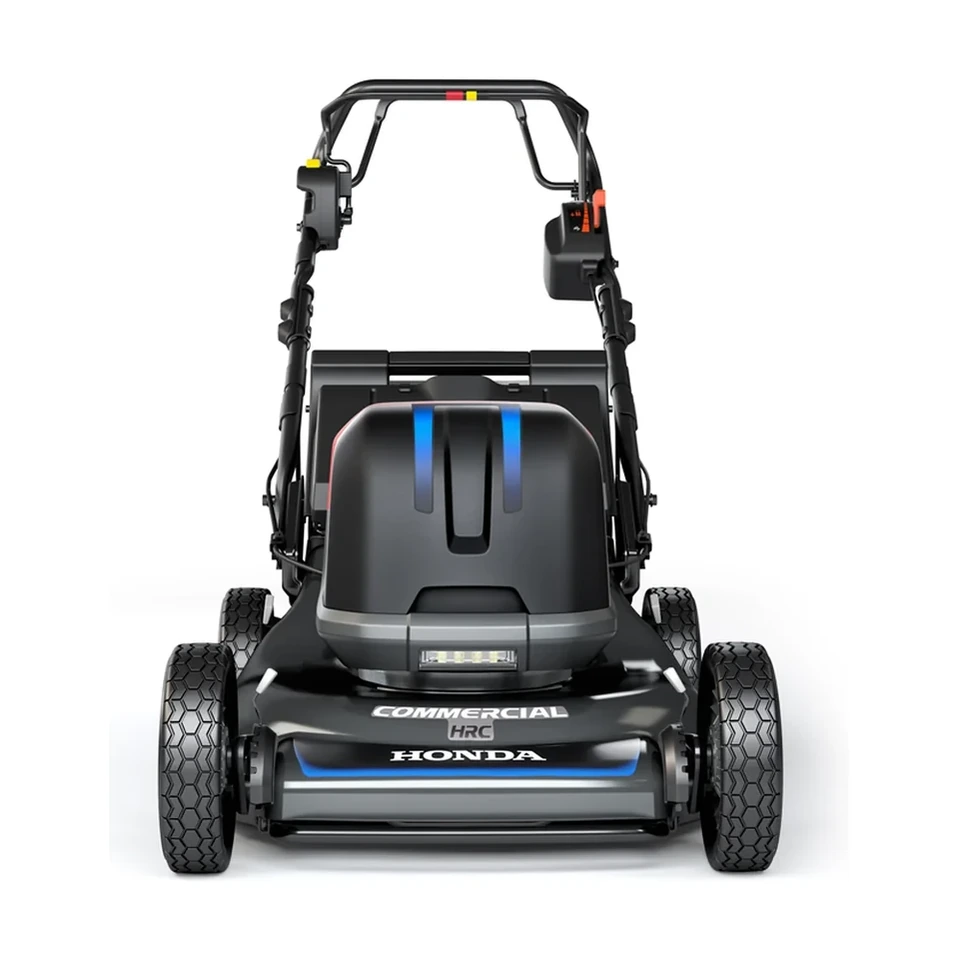 Honda HRC-BE 21 inch battery-powered self-propelled lawn mower with mounted battery pack on a lawn.