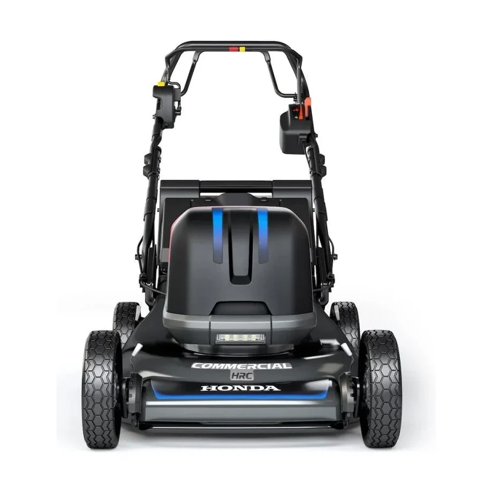 Honda HRC216EXA6 21 inch self-propelled walk-behind lawn mower with rear grass bag on a lawn.