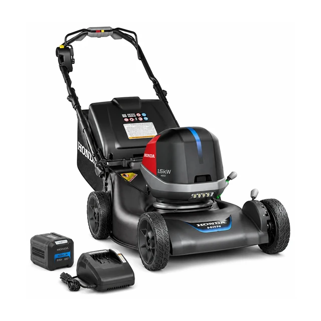 Honda HRN-BV 21 inch battery-powered self-propelled lawn mower with battery pack and rear grass bag.