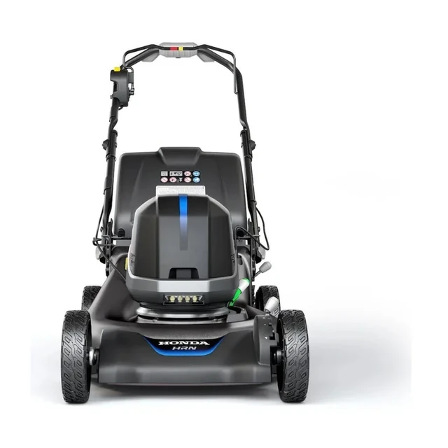 Honda HRN216VKA4 21 inch walk-behind lawn mower with rear grass bag on a residential lawn.