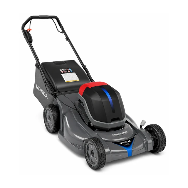 Honda HRX-BE 21 inch battery-powered self-propelled lawn mower with mounted battery and rear bag.