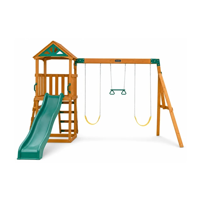 KidKraft Adventure Bend outdoor swing set playset installed on a backyard lawn