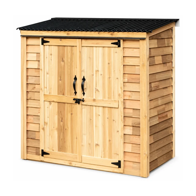Compact 6 x 3 ft patio garden shed with closed doors set against a house wall