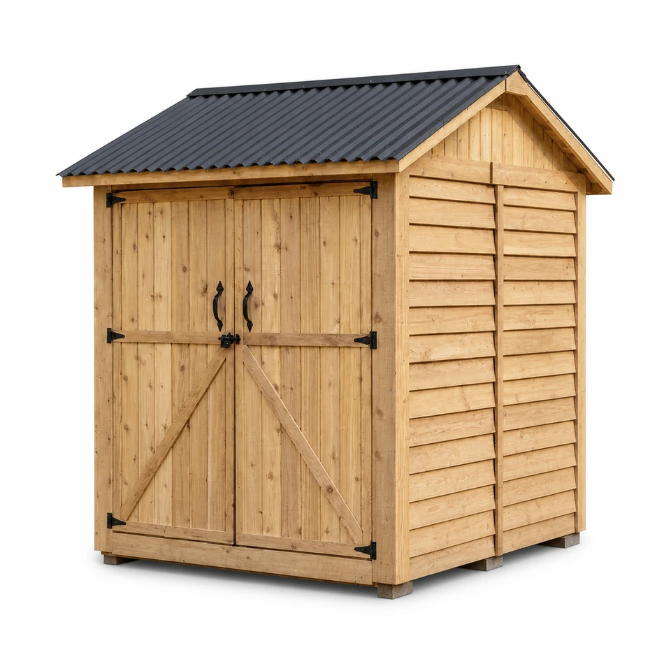 6 x 6 ft Maximizer western red cedar storage shed with closed doors on a lawn