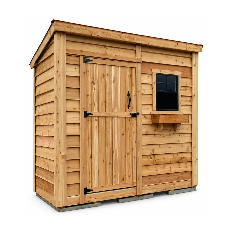 8 x 4 ft GardenSaver storage shed with a single door placed along a garden fence