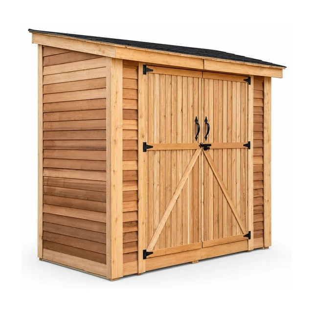 8 x 4 ft SpaceSaver storage shed with double doors set against a backyard fence