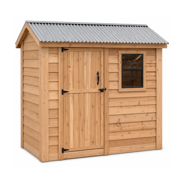 8 x 4 ft SpaceSaver storage shed with a single door in a narrow side yard