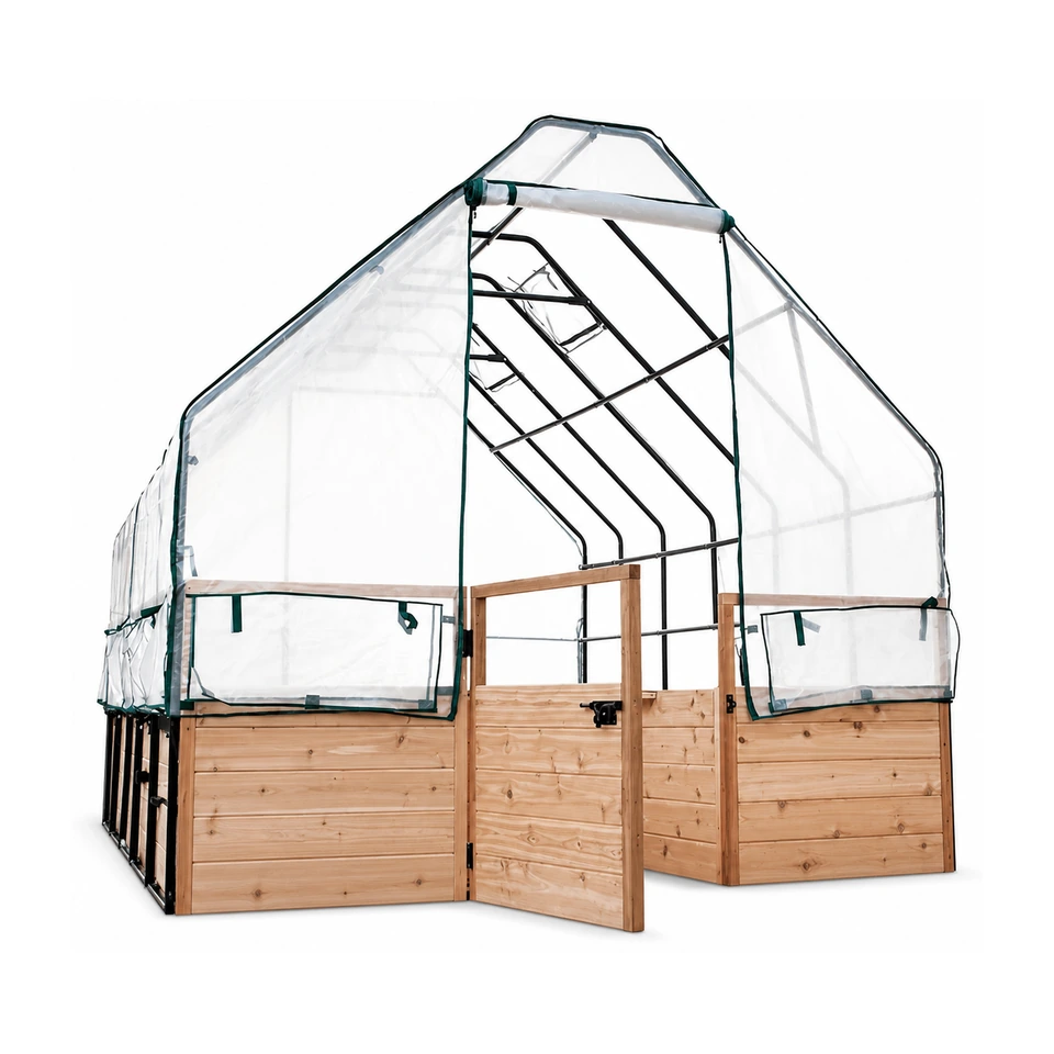 Cedar raised garden bed measuring 8 by 12 feet with a greenhouse cover installed over the planting area