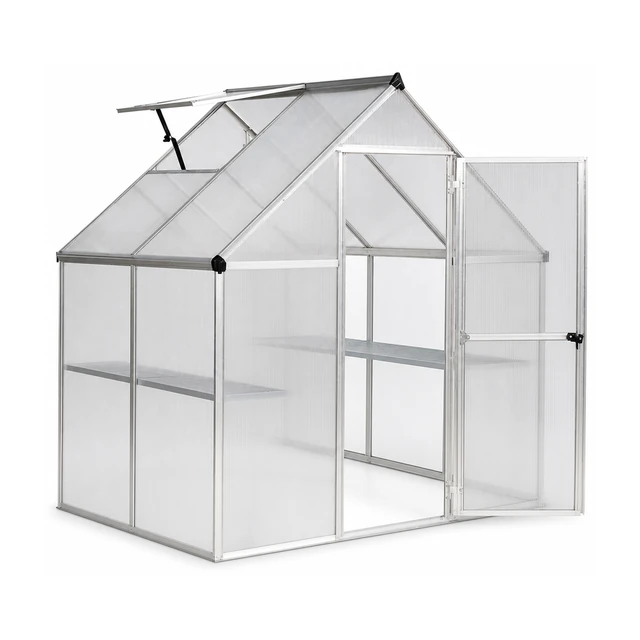 Palram Nature 6 foot wide greenhouse with twin-wall polycarbonate panels and aluminum frame in a backyard